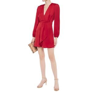 Sandro Paris Leana Wrap Effect Satin-Crepe Mini Dress Red EU Size 40 US Size 8